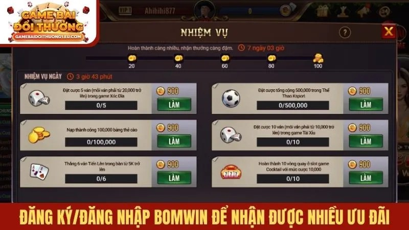 Đăng ký/Đăng nhập Bomwin để nhận được nhiều ưu đãi