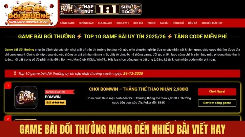 Game bài đổi thưởng mang đến nhiều bài viết hay